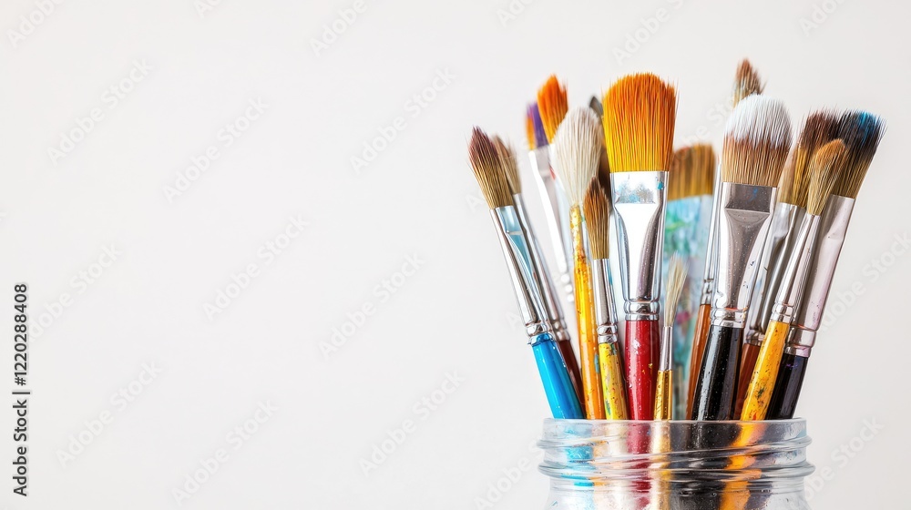 Colorful Paintbrushes in a Clear Jar on White Background Colorful Paintbrushes in a Clear Jar on White Background