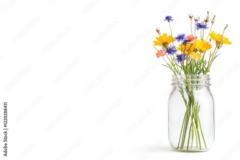 A vibrant bouquet of wildflowers in a clear jar, set against a clean white background, symbolizing freshness