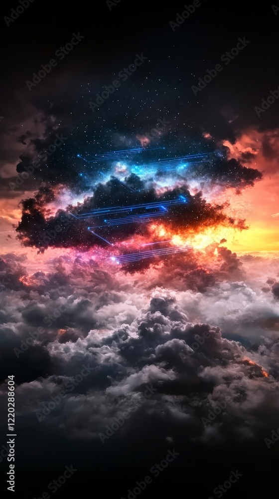 Naklejka premium Abstract Cloud Computing Digital Network Data Flow Sky Cosmic Cloudscape Fantasy Ne