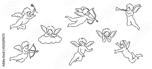 Valentine's day cupids or little angels collection. Cupid shooting the arrow line art. Banner, poster, web, template, valentine's card. Hand drawn style. Vector illustration.