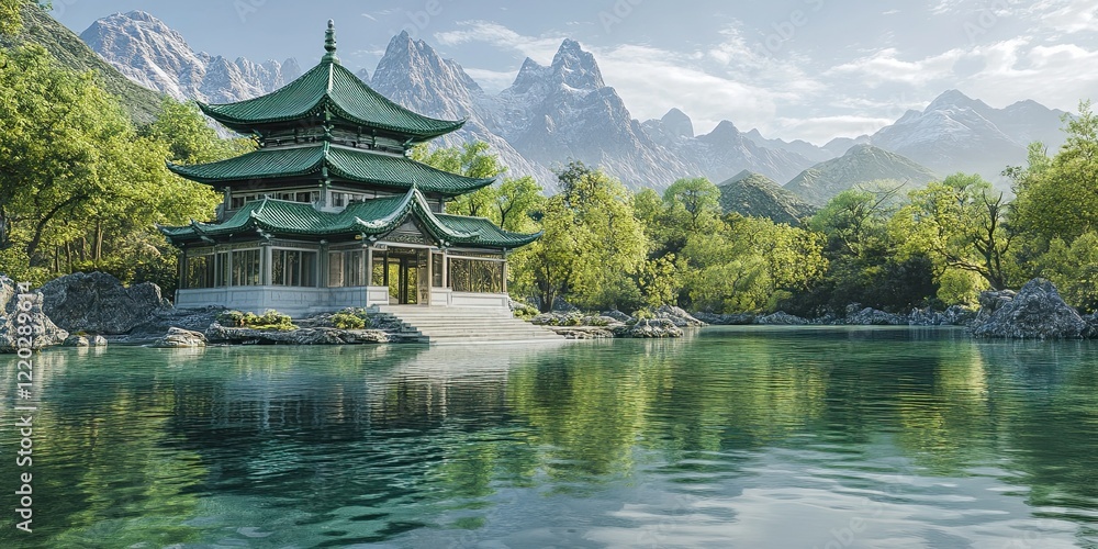 Fototapeta premium Serene Green Pagoda by Mountain Lake