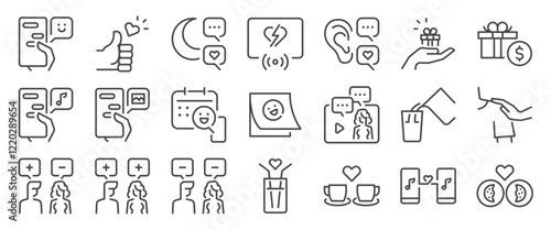 Micro-mance icon set. It included contexts such as DWM, GRWM, love, romance, relationship and more. Editable Vector Stroke. photo