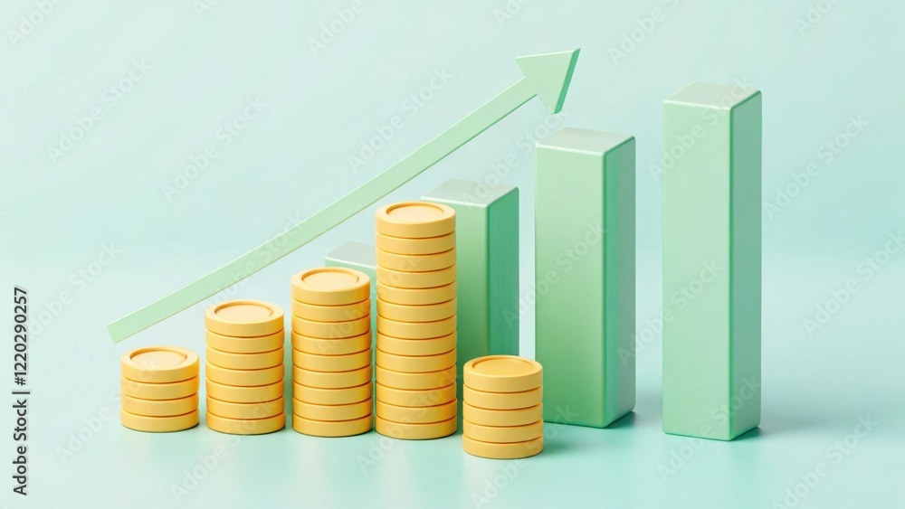 A visual representation of financial growth, featuring stacks of coins and a rising bar graph against a mint green background.