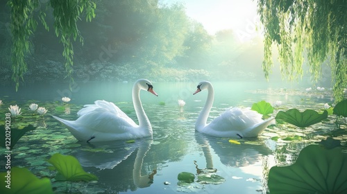 beautiful lotus flowers and swans