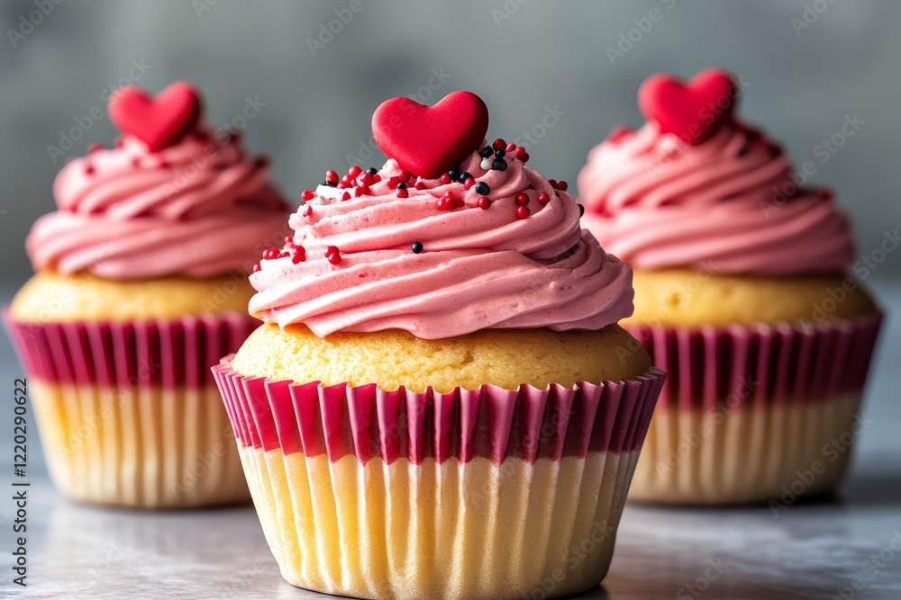 Three delicious cupcakes with pink frosting, topped with red heart decorations, perfect for celebrating love and special occasions. Three delicious cupcakes with pink frosting, topped with red heart decorations, perfect for celebrating love and special occasions.