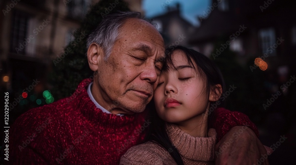 Fototapeta premium Loving Asian Father and Daughter Hugging Close Up Portrait