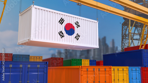 3D rendering of a shipping container with the South Korean flag suspended from a crane in a port dock.