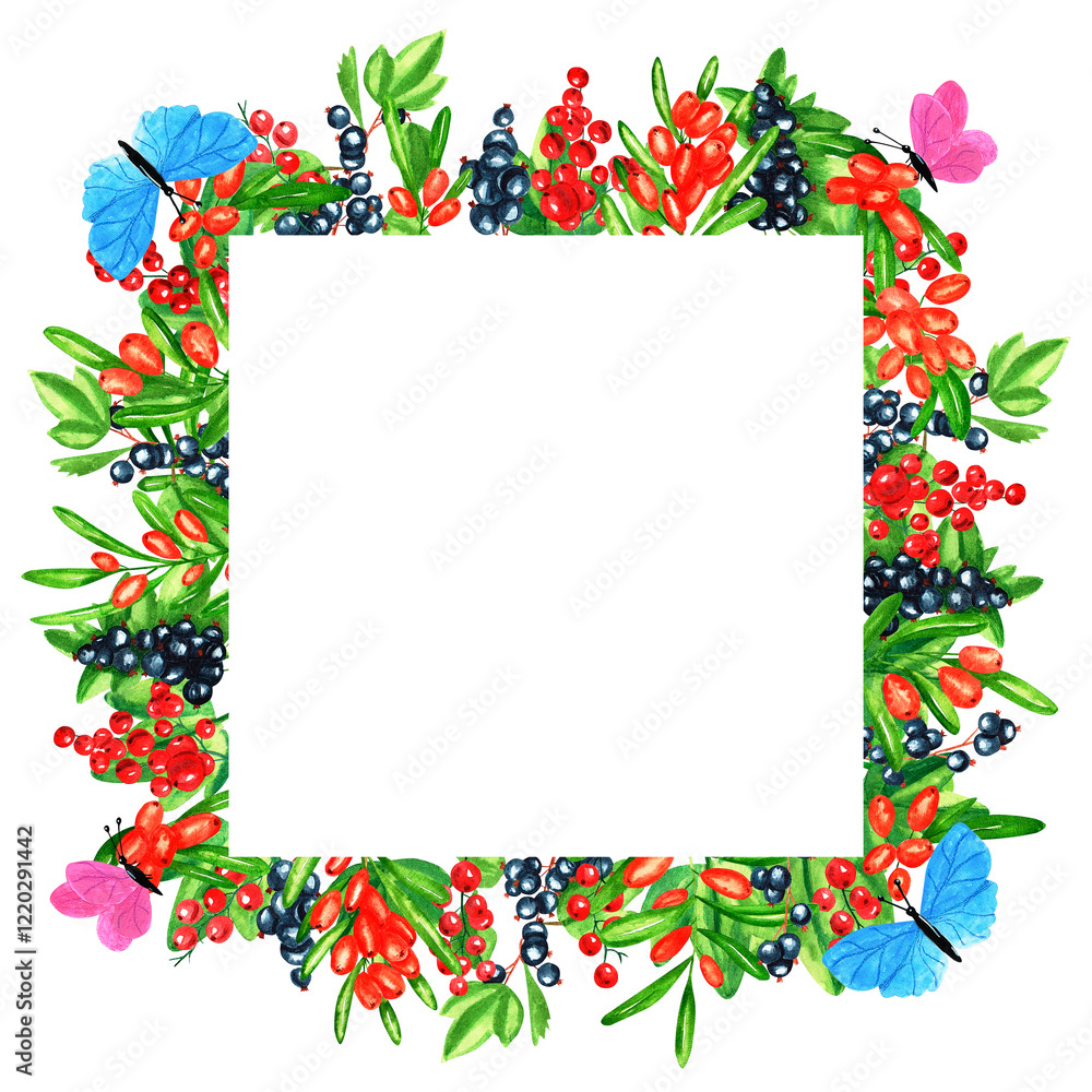 Naklejka premium Watercolor wreath on white background. Summer frame black currant, red currants, sea ​​​​buckthorn, butterfly. Berries design. Perfect for card, poster, postcard, invitations, wedding, birthday party.