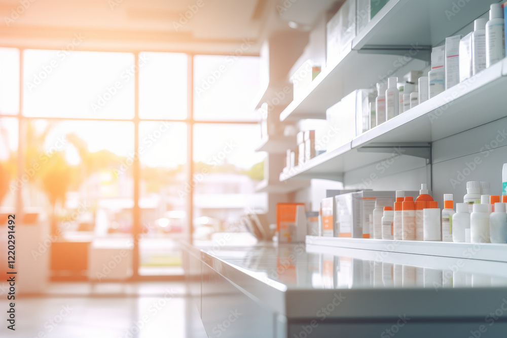 Bright and organized pharmacy interior with shelves full of medication and sunlight filtering through large windows. Blurred background. Bright and organized pharmacy interior with shelves full of medication and sunlight filtering through large windows. Blurred background.