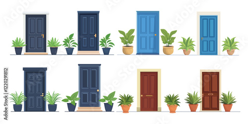 Front door with two pots with plants. Cartoon house illustration