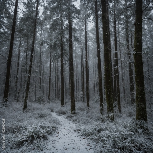 How does the forest feel as the first snow of winter begins to settle on the ground? photo