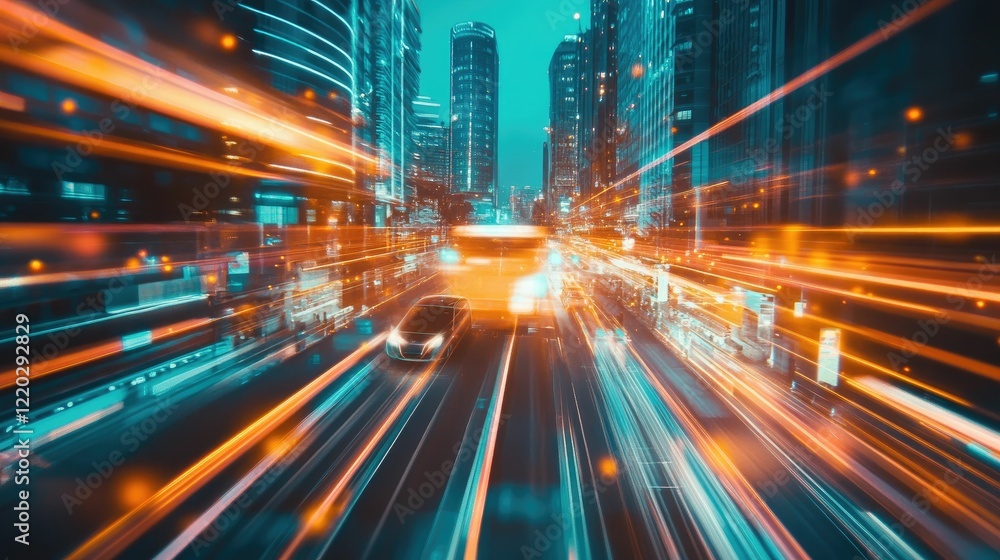 Night city street scene, speeding vehicles, light trails. Night city street scene, speeding vehicles, light trails.