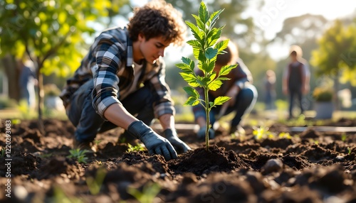 A hyper-realistic image of a group of teenagers working together to plant trees in a community garden. One teenager is holding a small tree sapling, while another digs a hole with a shovel. 