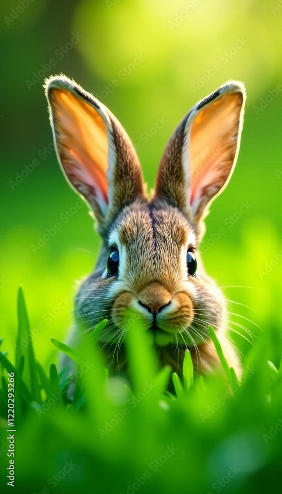 Fototapeta premium A cute rabbit sitting in green grass, embodying the essence of nature and tranquility.