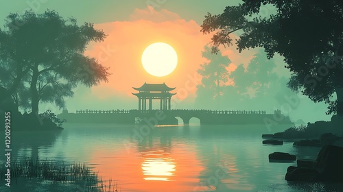 Fototapeta Naklejka Na Ścianę i Meble -  Serene Sunset Over Pagoda Bridge And Tranquil Lake