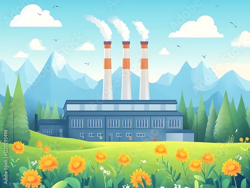 Factory emitting smoke amidst mountains and wildflowers, ideal for environmental themes photo