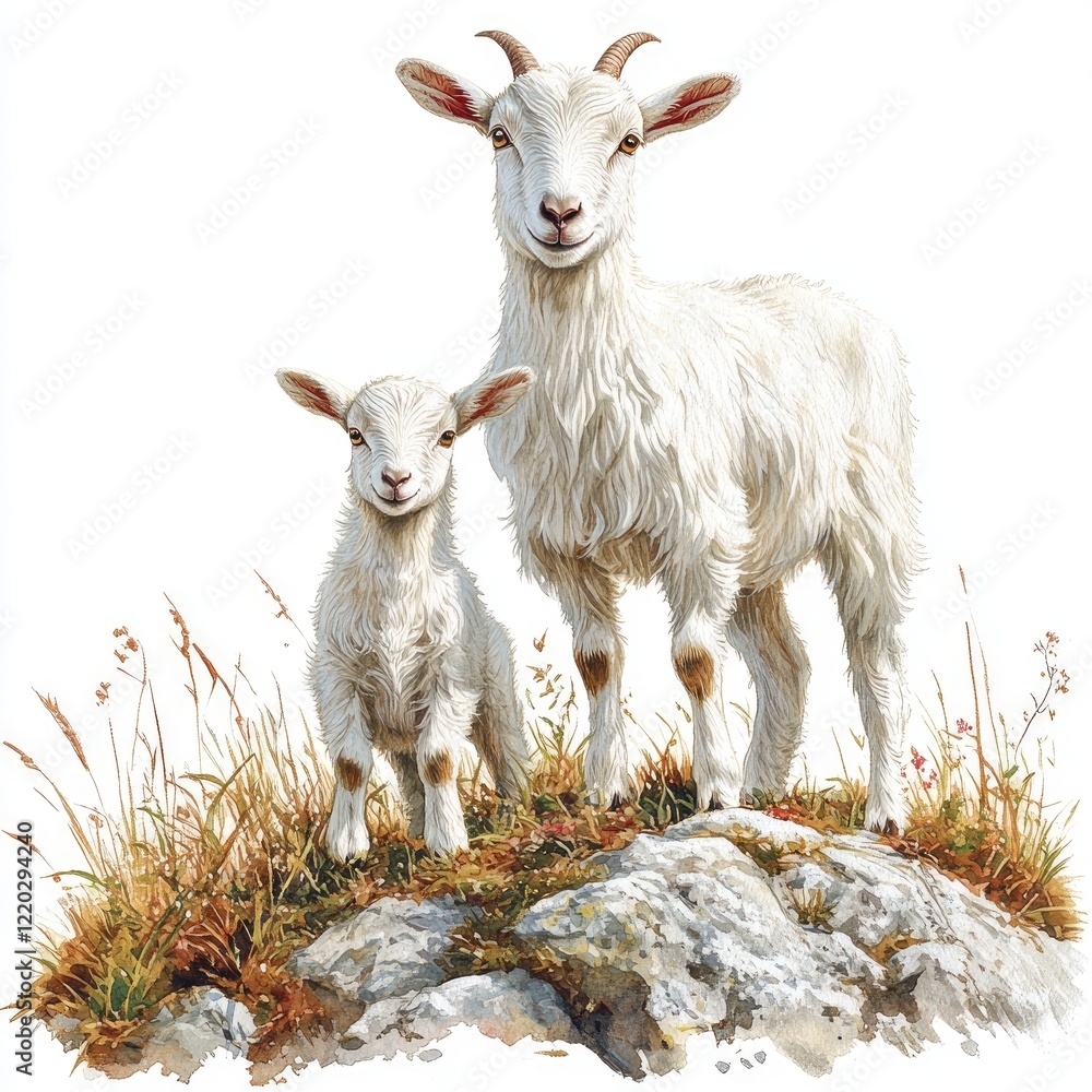 Obraz premium A serene scene featuring a mother goat and her kid standing on a rocky outcrop surrounded by grass