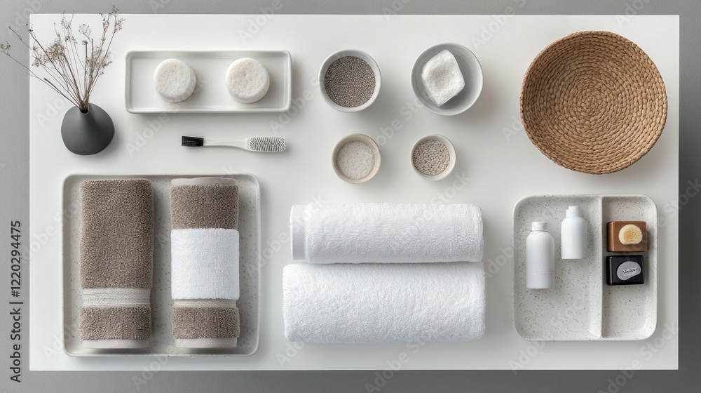 Naklejka premium Spa bath essentials flatlay, towels, bath salts, minimalist background, wellness