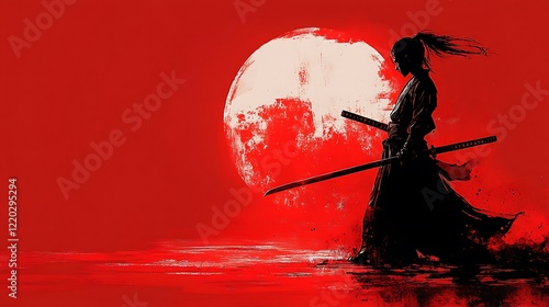 Lone Samurai Silhouette Against Red Moon