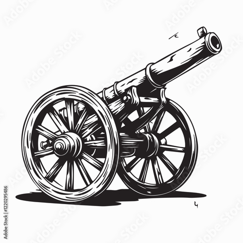 Old Cannon Vector Image. Black and white Old Cannon Vector isolated on white background.