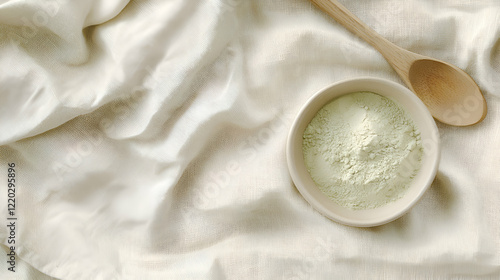Matcha powder in a bowl with a wooden spoon on a beige linen tablecloth in a top view.