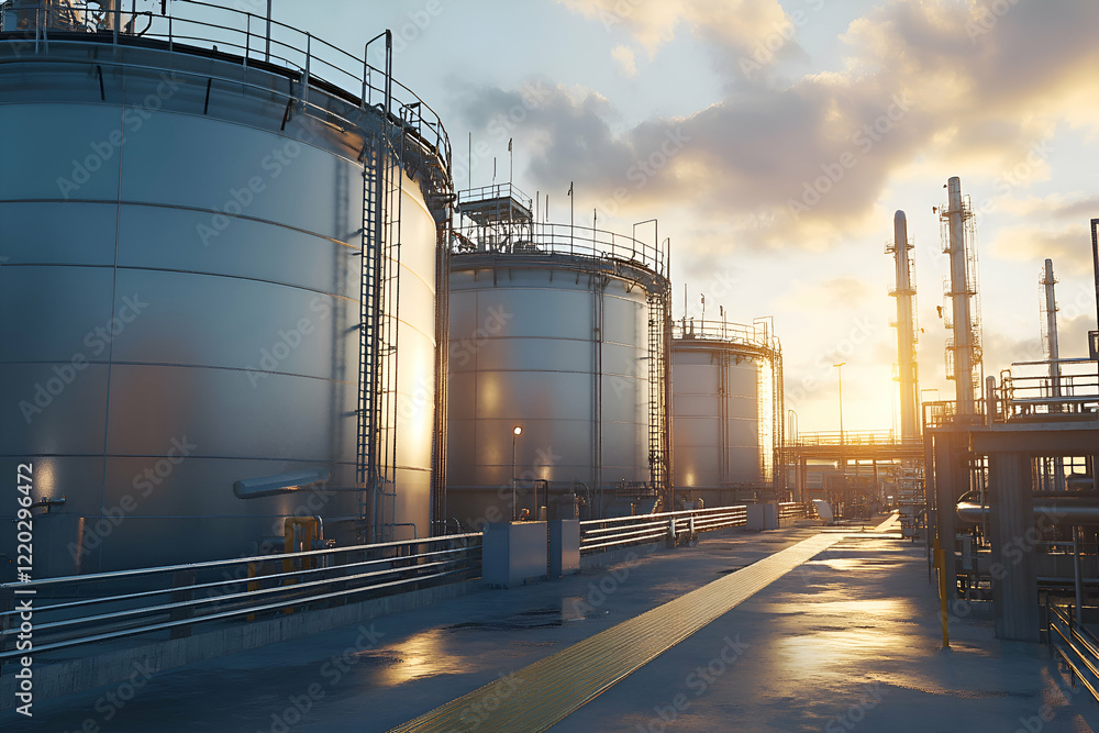 Obraz premium Row of large metallic storage tanks at a refinery under a partly cloudy sky