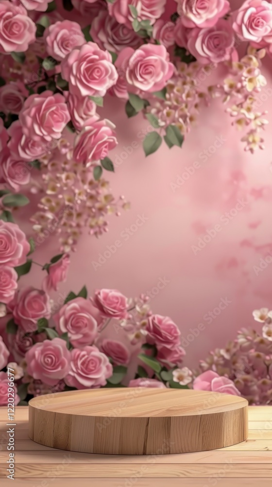 Obraz premium Wooden Display Stand Surrounded by Pink Floral Background