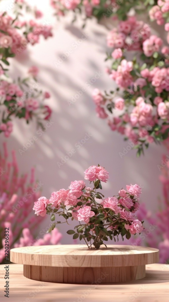 Obraz premium Delicate Pink Roses on Wooden Stand with Floral Background