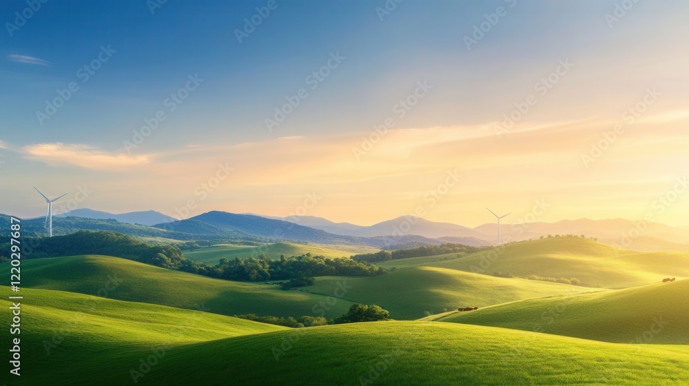 Fototapeta premium Wind Turbines in Rolling Hills Under Bright Blue Sky with Cows