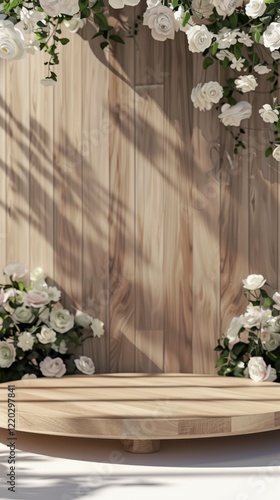 Elegant Wooden Platform Surrounded by White Roses and Greenery