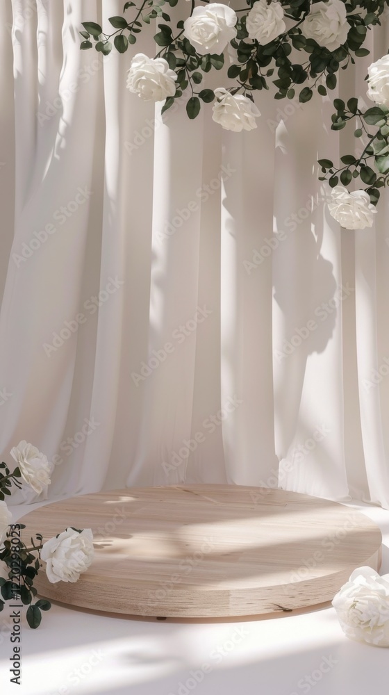 Elegant Minimalist Display with White Roses and Soft Drapery Elegant Minimalist Display with White Roses and Soft Drapery
