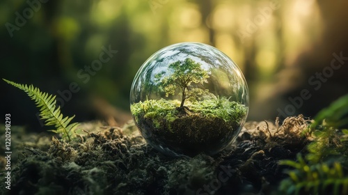 Sustainable Harmony Concept. A glass orb containing a small tree and moss, surrounded by a lush green forest, symbolizes nature and conservation. photo