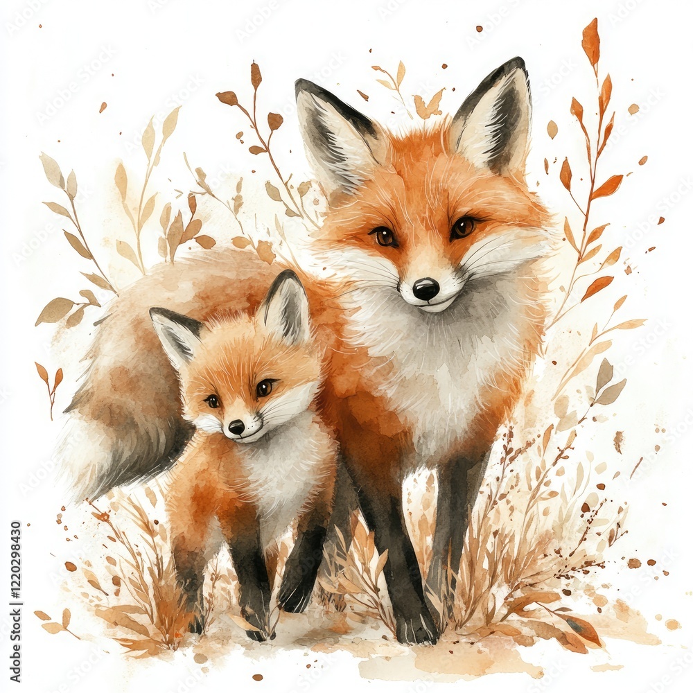 Obraz premium A charming illustration of a mother fox and her cub walking together in a serene, nature-inspired setting