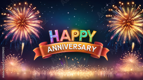 Happy wedding anniversary banner with colorful firework background.
