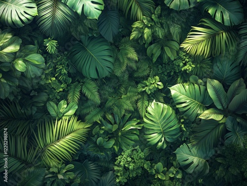 Fototapeta Naklejka Na Ścianę i Meble -  A lush green jungle with many leaves and vines