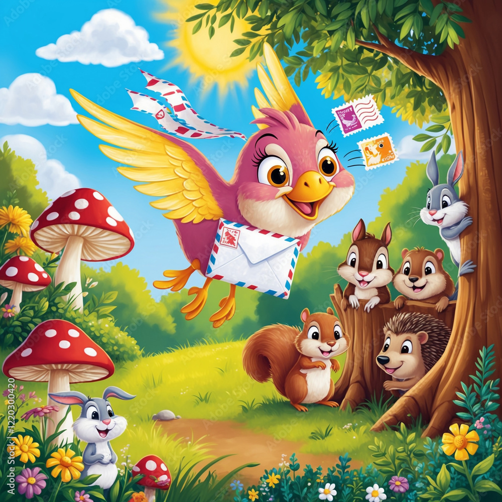 Fototapeta premium animals in the forest with birds carrying mail with mushrooms background