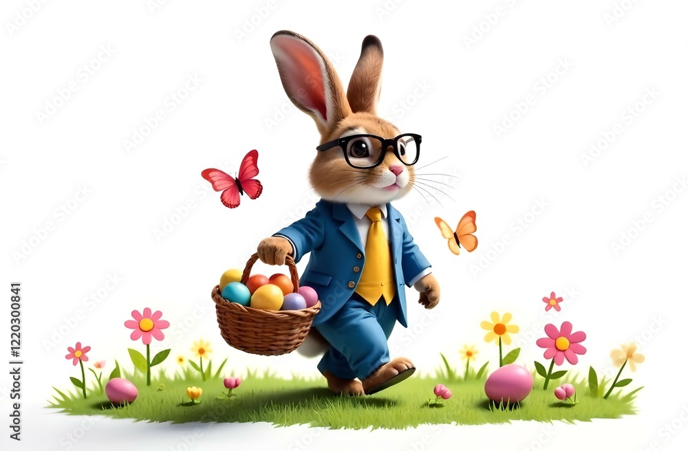 Fototapeta premium Adorable cartoon bunny with easter egg basket in grassy field, concept of easter celebration, cute characters, springtime joy