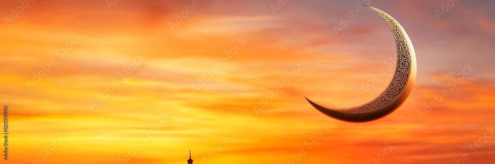 Obraz premium Crescent Moon and Golden Islamic Ornament with Orange Sky