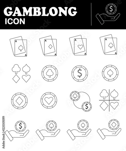 Outline icons of playing cards, poker chips, and hands holding coins, representing gambling themes. icons include spades, diamonds, hearts, and clubs, with focus on casino elements