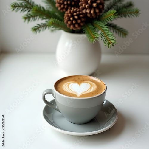 A heartwarming latte art design on top of a creamy coffee drink, served in a gray cup and saucer.  A vase of pine and pine cones is softly blurred in the background. photo