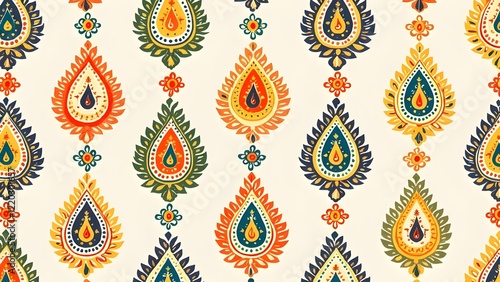 Indian Block Print Pattern Wallpaper Tangerine, Indigo, and Jade Green Paisleys on Cream Background