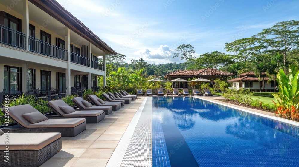 Fototapeta premium Luxury resort pool with lounge chairs and tropical landscaping.