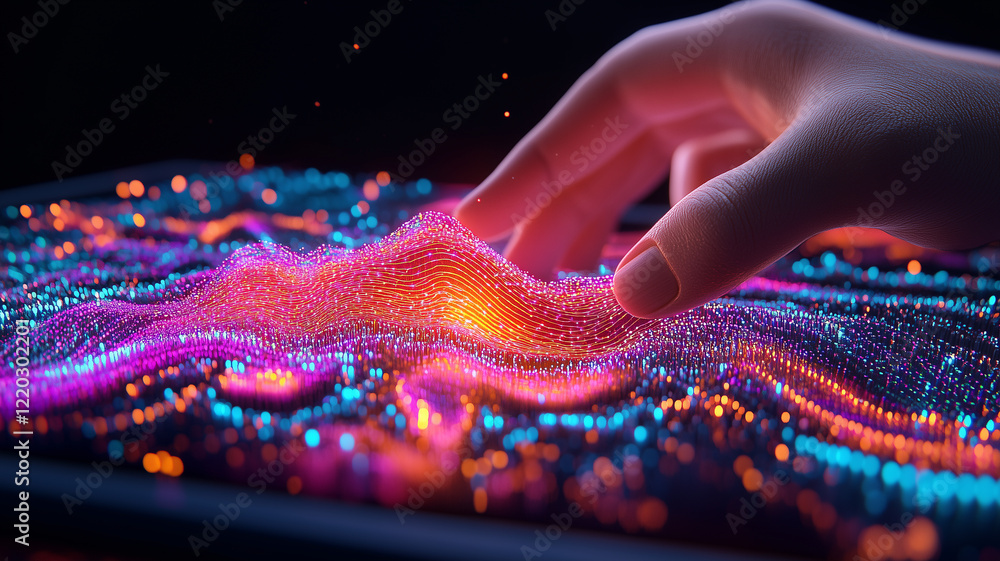 Futuristic hand interacting with vibrant digital waves, showcasing technology and innovation. colorful patterns create mesmerizing visual experience Futuristic hand interacting with vibrant digital waves, showcasing technology and innovation. colorful patterns create mesmerizing visual experience