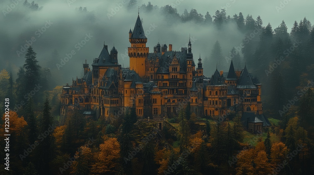 Obraz premium Enchanting castle nestled in a misty forest, autumn foliage.