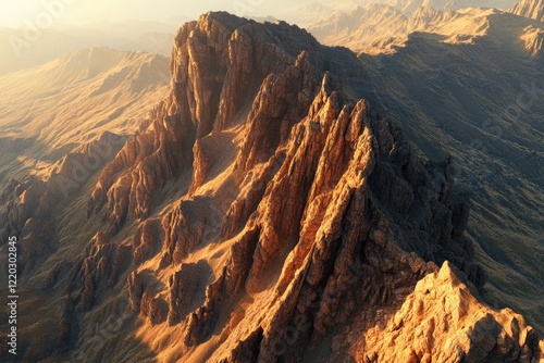 View from above of rugged desert mountains bathed in golden sunlight, the shallow depth of field enhancing the sharpness of the jagged cliffs and gentle slopes. photo