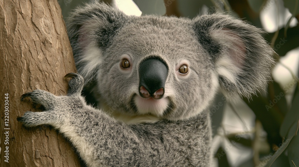 Obraz premium A koala is perched on a eucalyptus tree branch, its strong claws gripping the bark. Its soft, grey fur is thick and fluffy, and its large ears are perked up, as if listening intently.