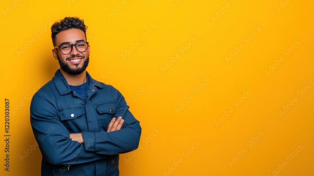 Smiling adult man with beard wearing glasses standing against bright yellow background with crossed arms Smiling adult man with beard wearing glasses standing against bright yellow background with crossed arms