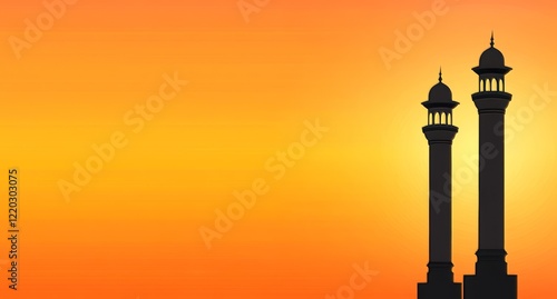 aSilhouette of Mosque Minarets Against Orange Sunset Sky, Flat Vector Design photo