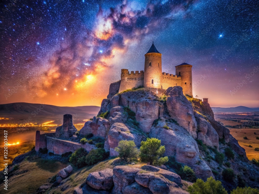 Fototapeta premium Starry nights above Zafra Castle, Guadalajara, Spain. Milky Way timelapse astrophotography.