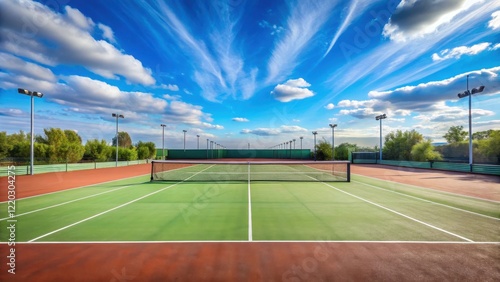 A long, empty tennis court with vacant stands and a net stretched across the center of the court is set against a backdrop of blue sky on a sunny day, net, field